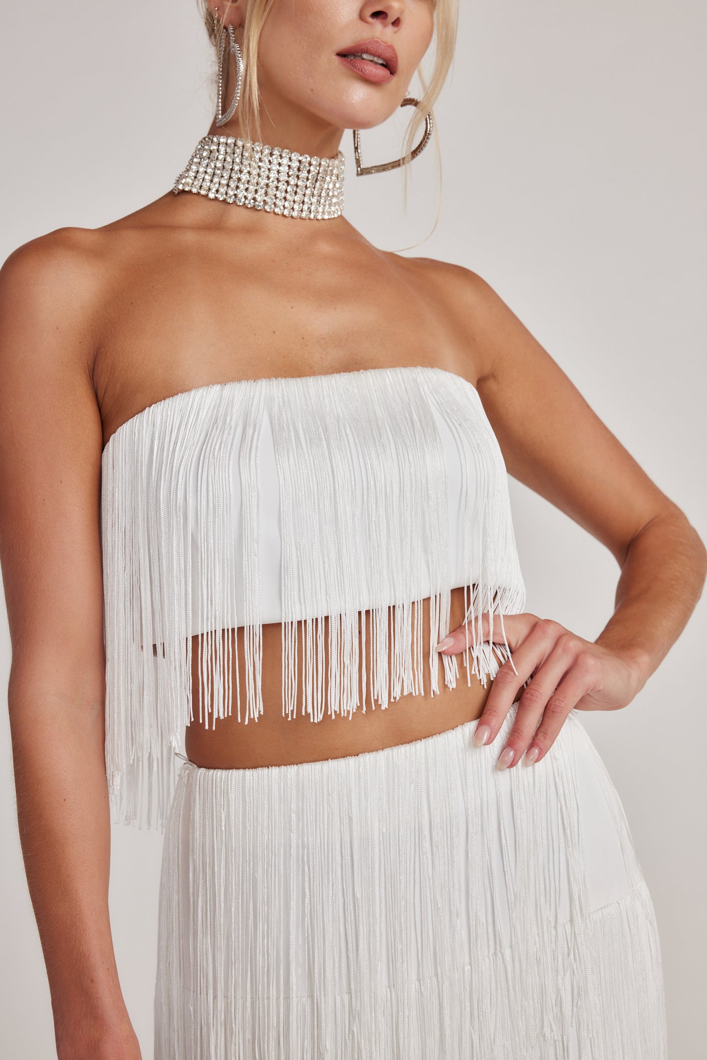 Gatsby White Fringe Strapless Top - L Size - Women's Tops - 12th Tribe
